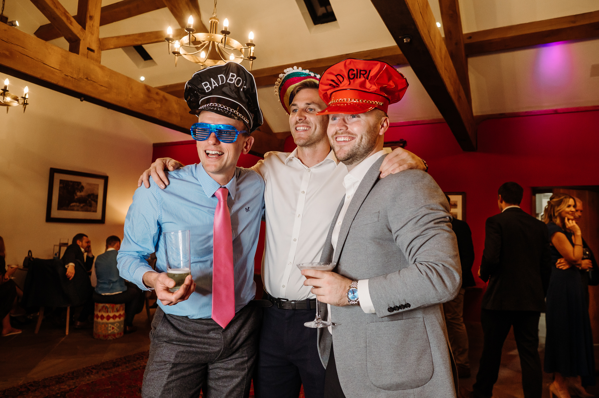 Three wedding guests in the Photo Booth at Browsholme Hall.