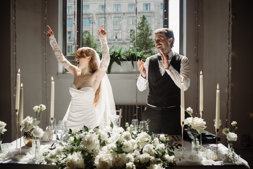 Bride and groom dancing behind the top table at Oh me, Oh my in Liverpool